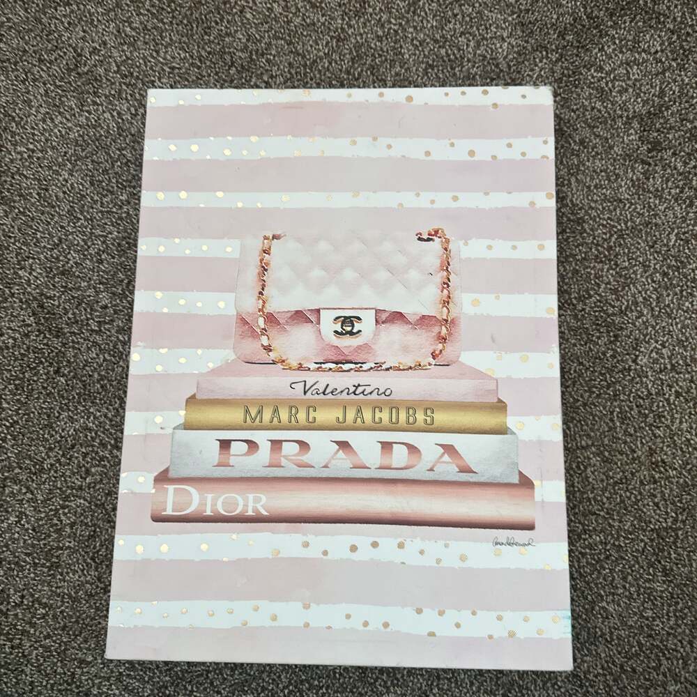 Pink Purse Gold Bookstack Glam Fashion Watercolor Design Wall Art